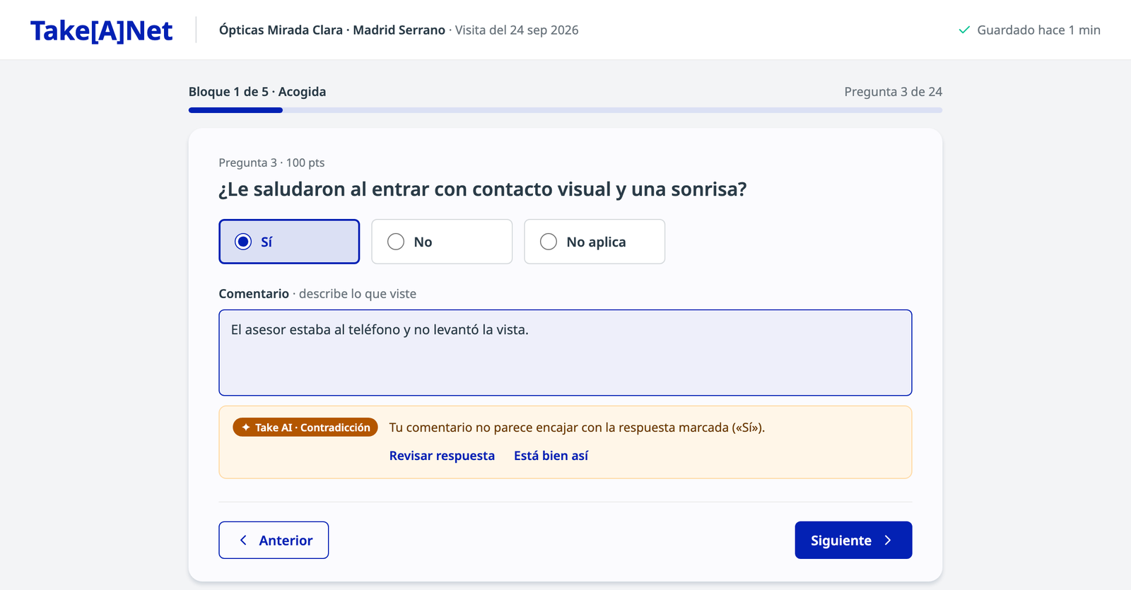 Pregunta con un aviso de Take AI porque el comentario no encaja con la opción