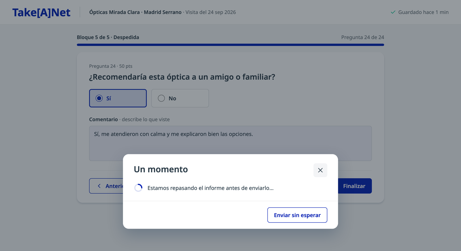 Diálogo Un momento con Enviar sin esperar