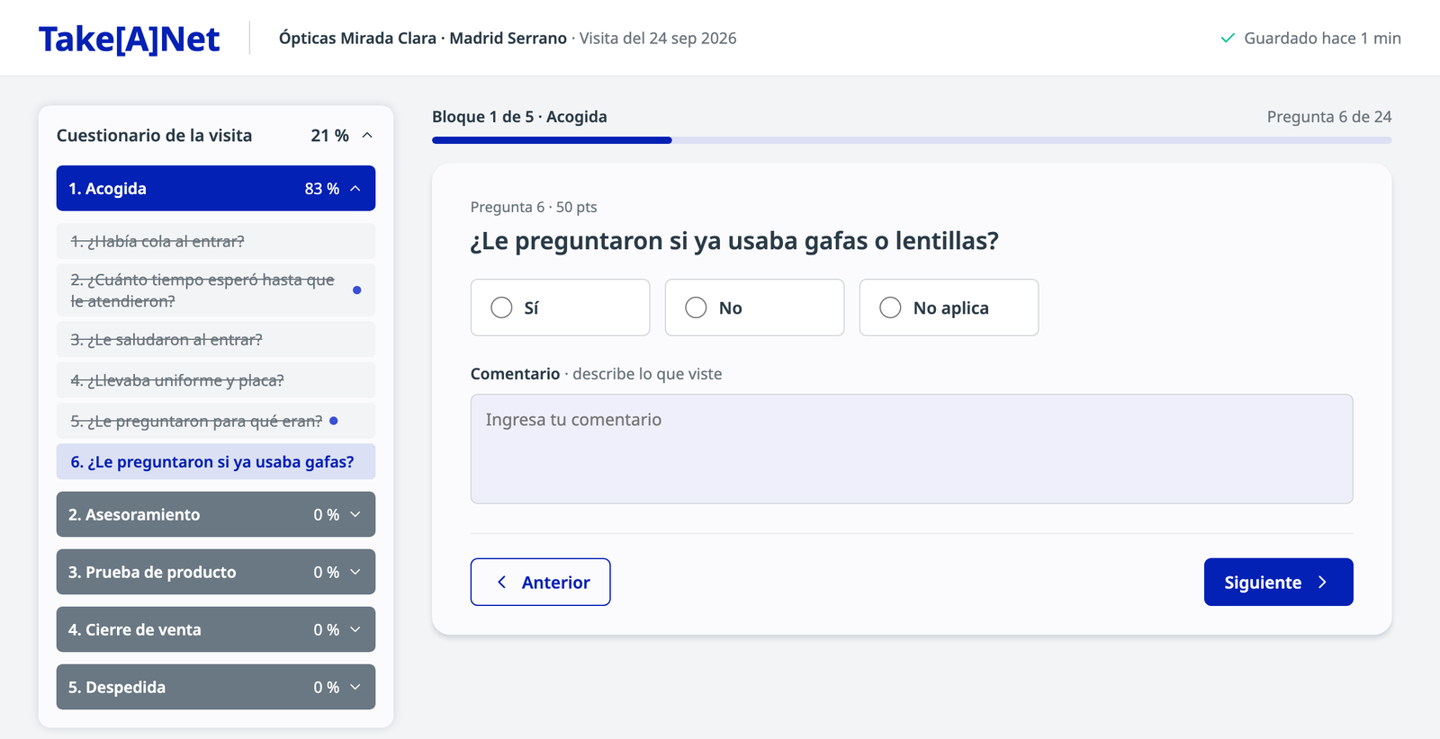Pregunta 6 sin aviso y punto en la pregunta 5 del índice