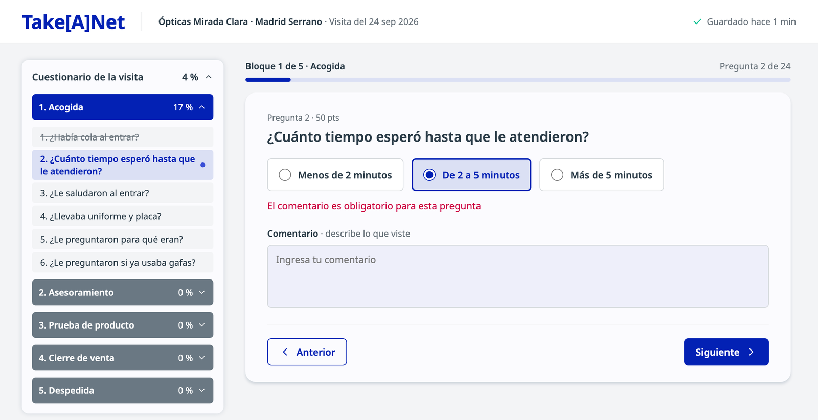 Pregunta 2 con el aviso rojo de comentario obligatorio