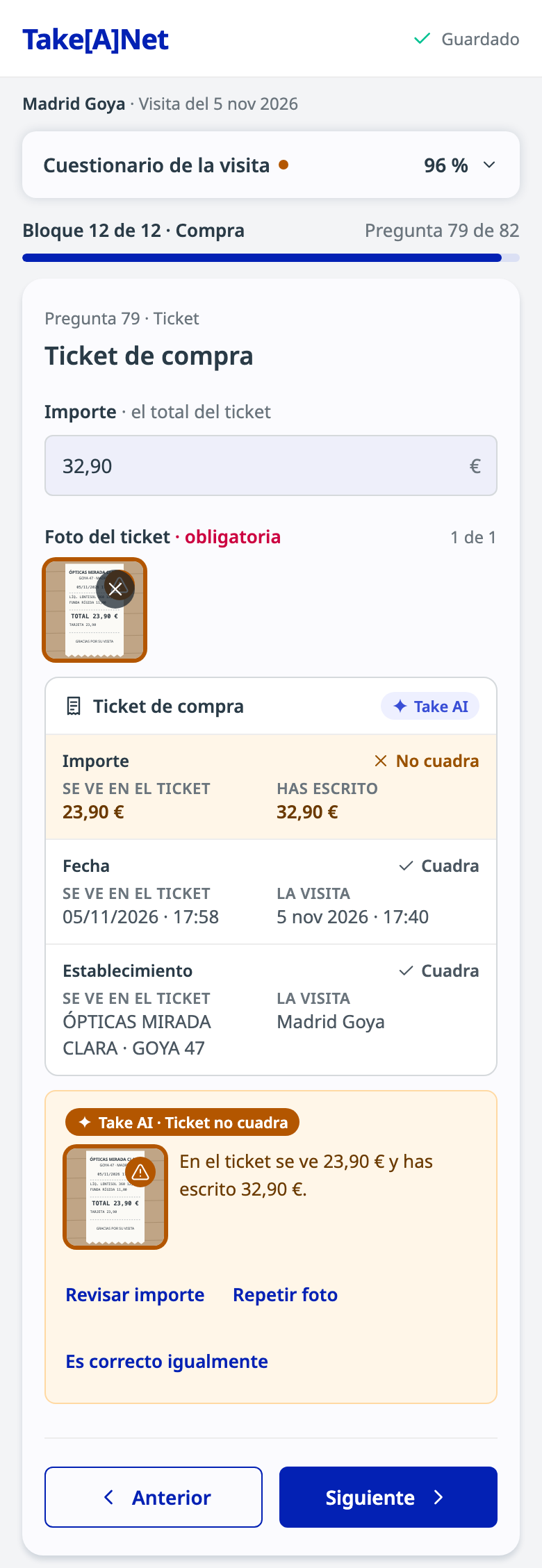 Ticket de compra con el aviso «Ticket no cuadra»