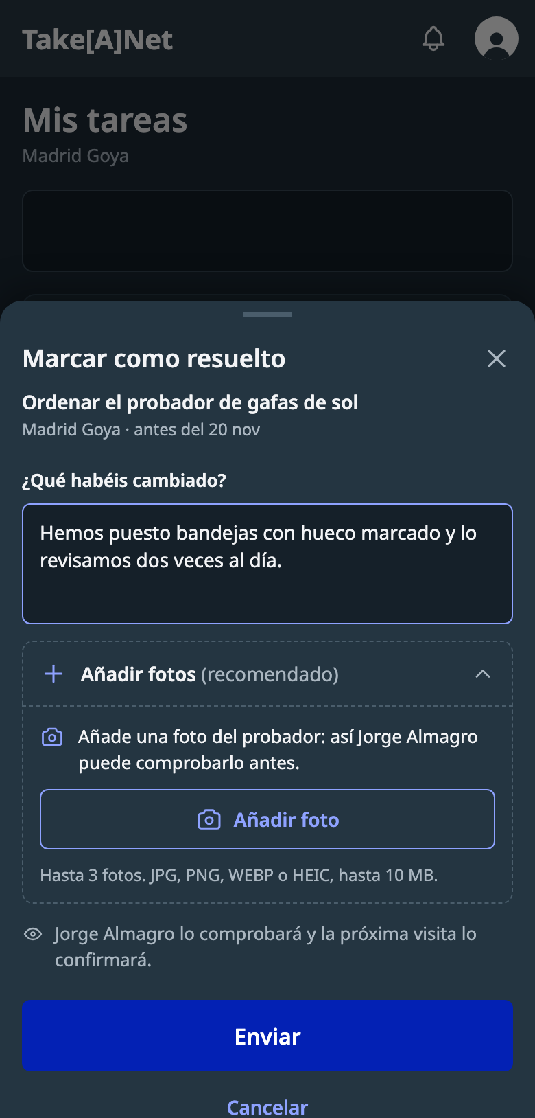 Hoja «Marcar como resuelto» con fotos