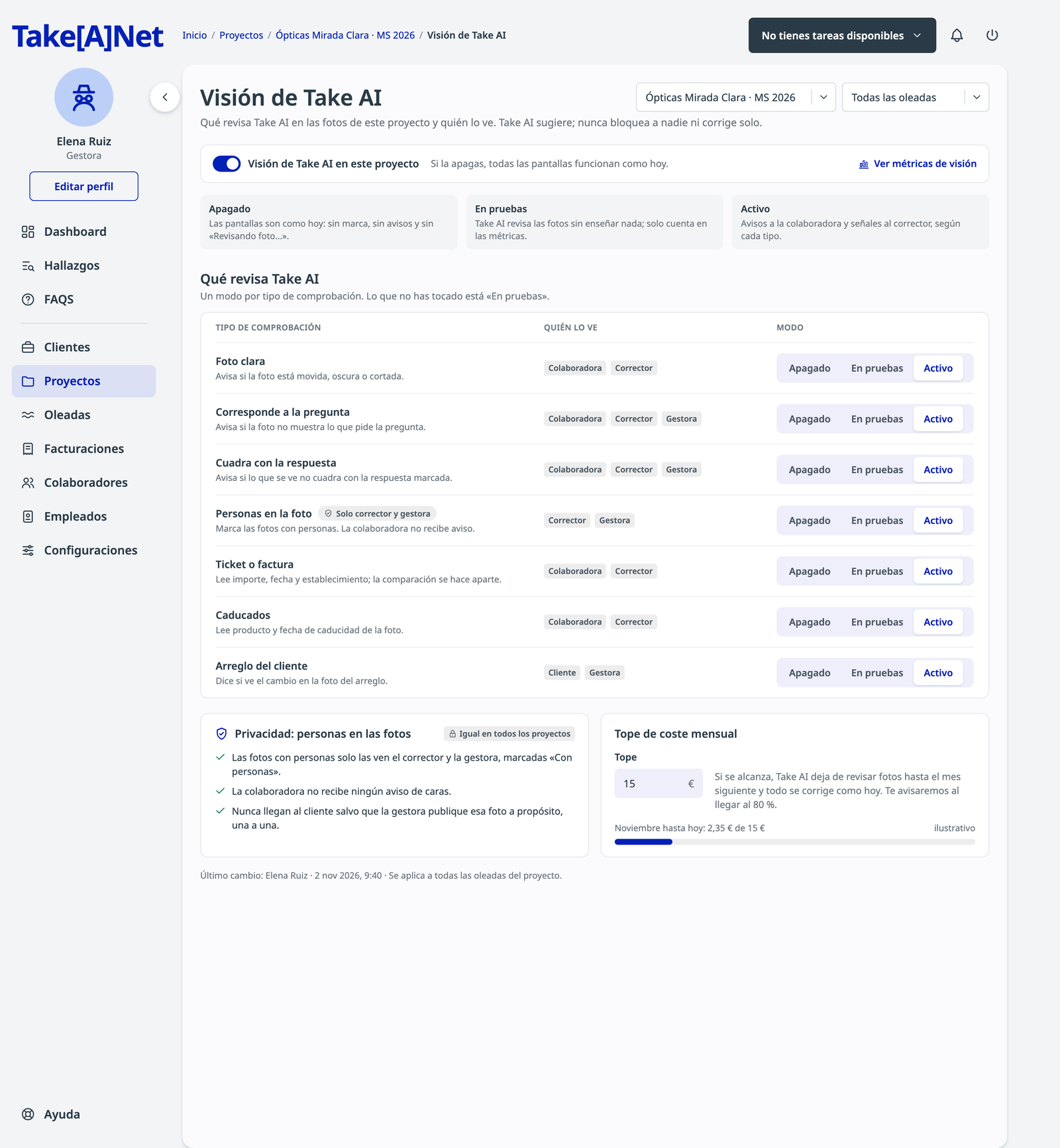 Pantalla «Visión de Take AI» con los ajustes del proyecto